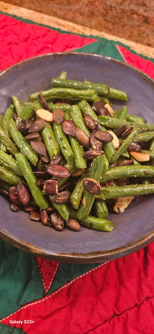 Allergen free Green Bean Recipe with pumpkin seeds SuperSeedz