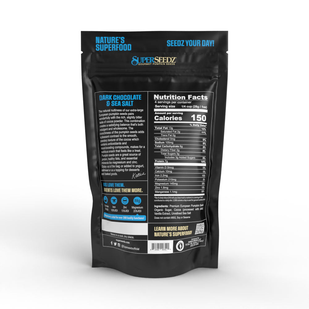 Nutrition facts for š« Dark Chocolate & Sea Salt Gourmet Pumpkin Seeds ā Roasted, Premium European Pepitas, Antioxidant Boost