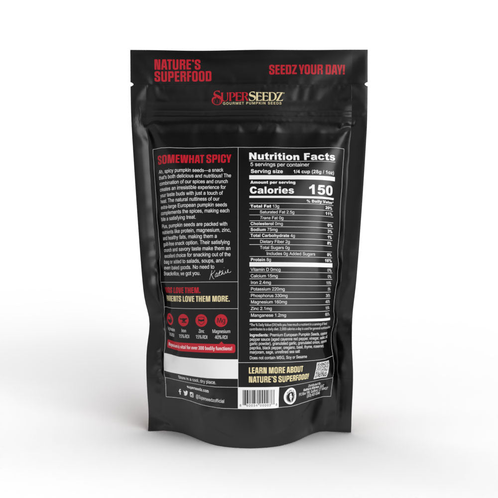 Nutrition facts for 🔥🔥 Somewhat Spicy Gourmet Pumpkin Seeds – Roasted European Pepitas, Aged Cayenne, Garlic & Sea Salt Looking for heat with flavor?